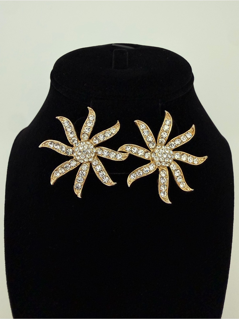 Gold Crystal Starburst Clip-On Earrings - Gold Rhinestone Floral Studs